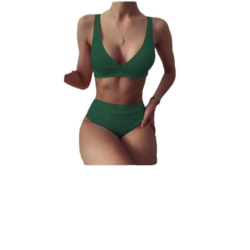 Stylish Spice Girls' Solid Ribbed High Waist V-neck Swimsuit