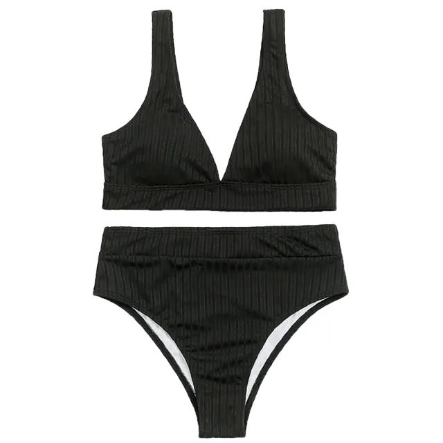 Stylish Spice Girls' Solid Ribbed High Waist V-neck Swimsuit