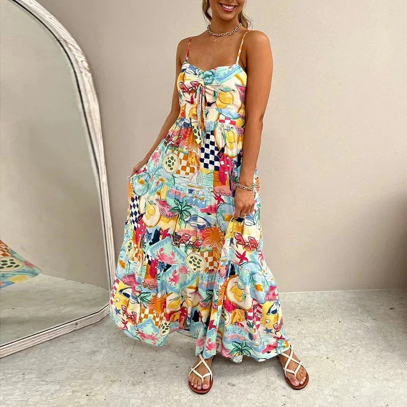 Vacation Spaghetti Strap Casual Pattern Printed Pleated Long Fashion Off Shoulder Bohemian Floral Summer Dress