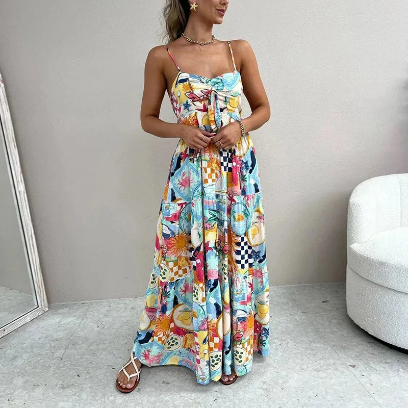 Vacation Spaghetti Strap Casual Pattern Printed Pleated Long Fashion Off Shoulder Bohemian Floral Summer Dress