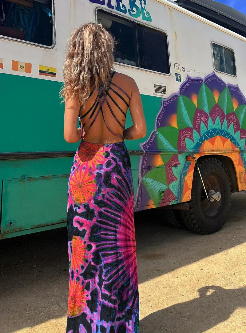 Vintage Printed Women's Fashion Summer Maxi Dress - Holiday Beach Sexy Halter Backless Cross Slim 2024