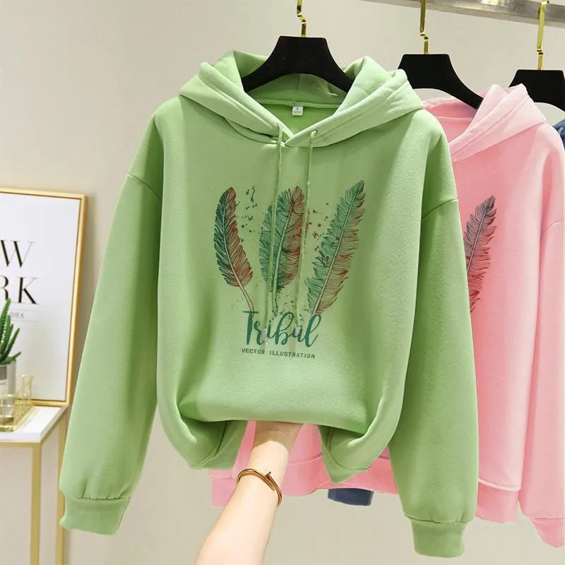 Women Fashion Printed Hoodies Autumn Winter Plus Velvet Casual Loose Sweatshirt - WH2134