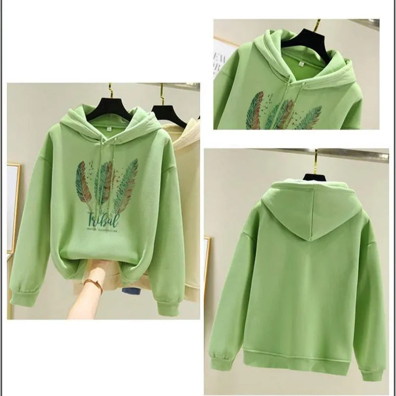 Women Fashion Printed Hoodies Autumn Winter Plus Velvet Casual Loose Sweatshirt - WH2134