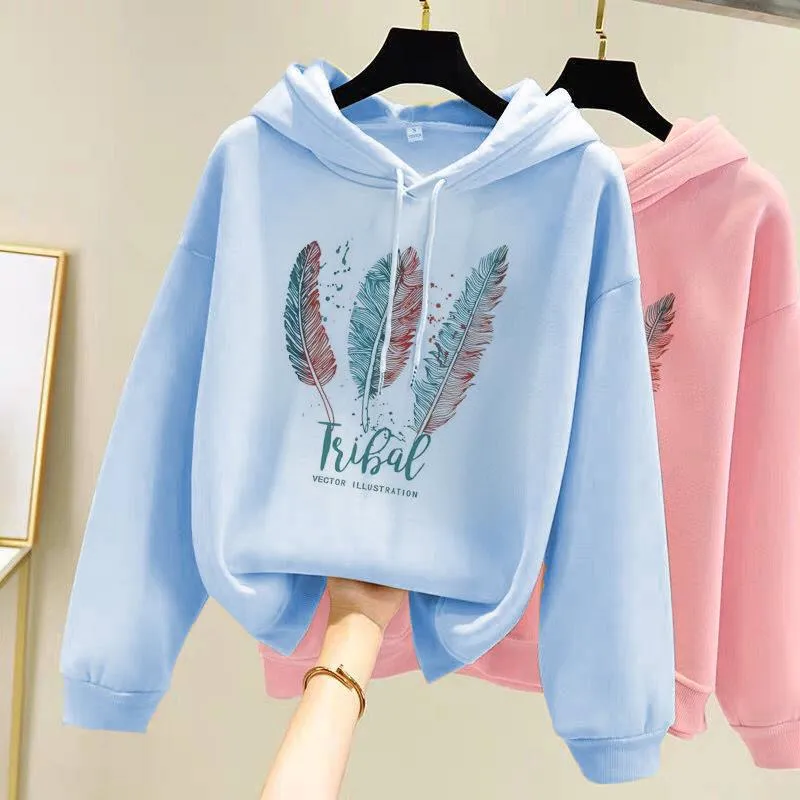 Women Fashion Printed Hoodies Autumn Winter Plus Velvet Casual Loose Sweatshirt - WH2134