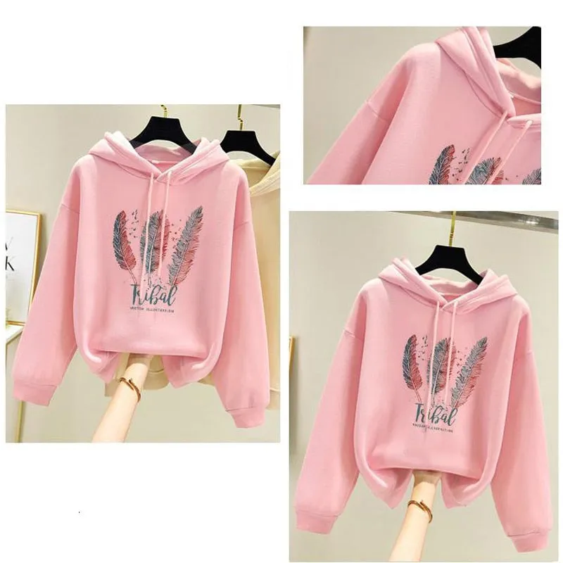 Women Fashion Printed Hoodies Autumn Winter Plus Velvet Casual Loose Sweatshirt - WH2134