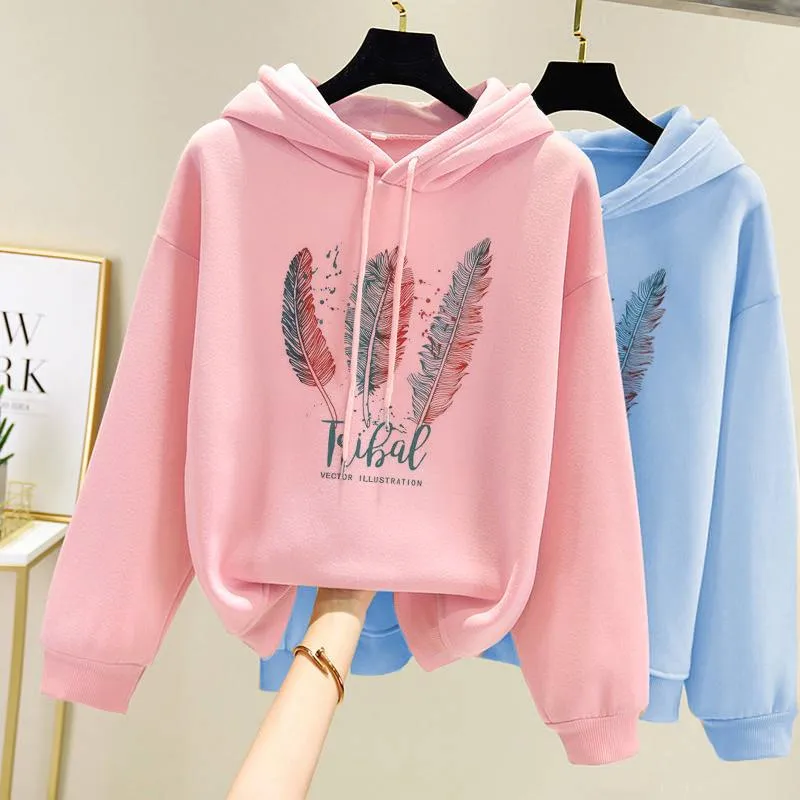 Women Fashion Printed Hoodies Autumn Winter Plus Velvet Casual Loose Sweatshirt - WH2134