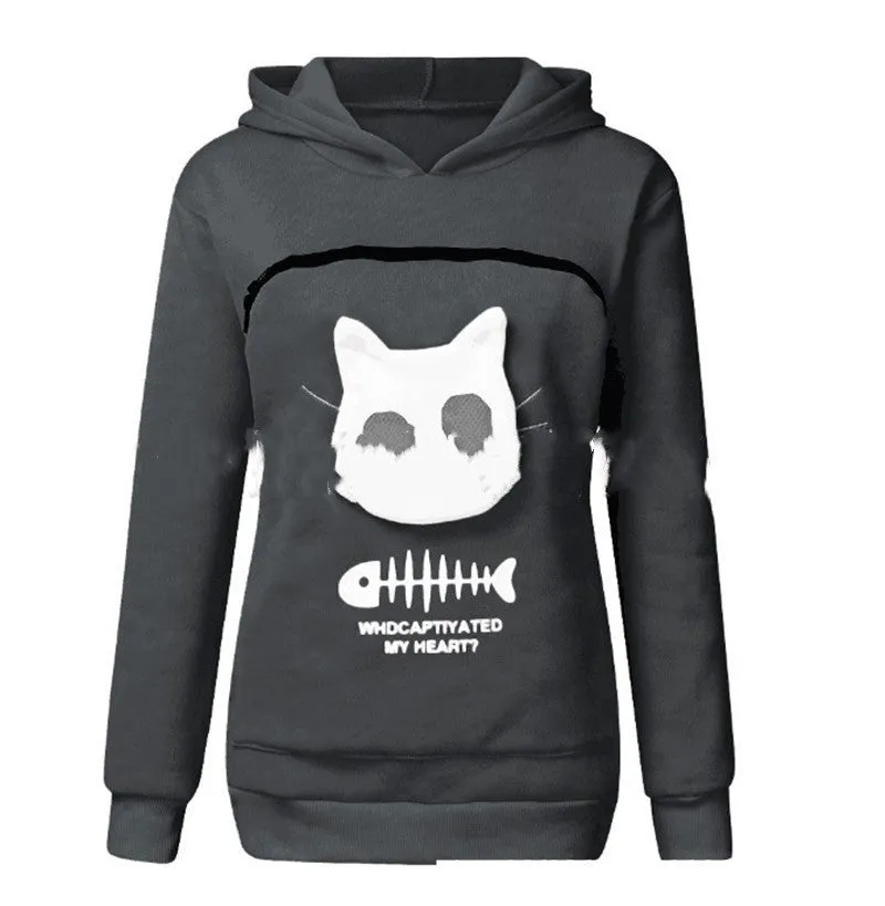 Women's Cat Pet Pocket Design Sweatshirt Long Sleeve Hoodies