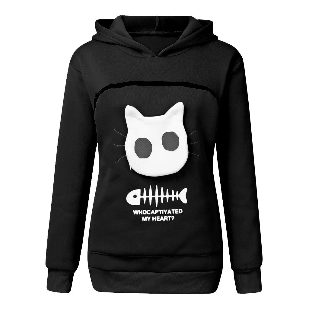 Women's Cat Pet Pocket Design Sweatshirt Long Sleeve Hoodies