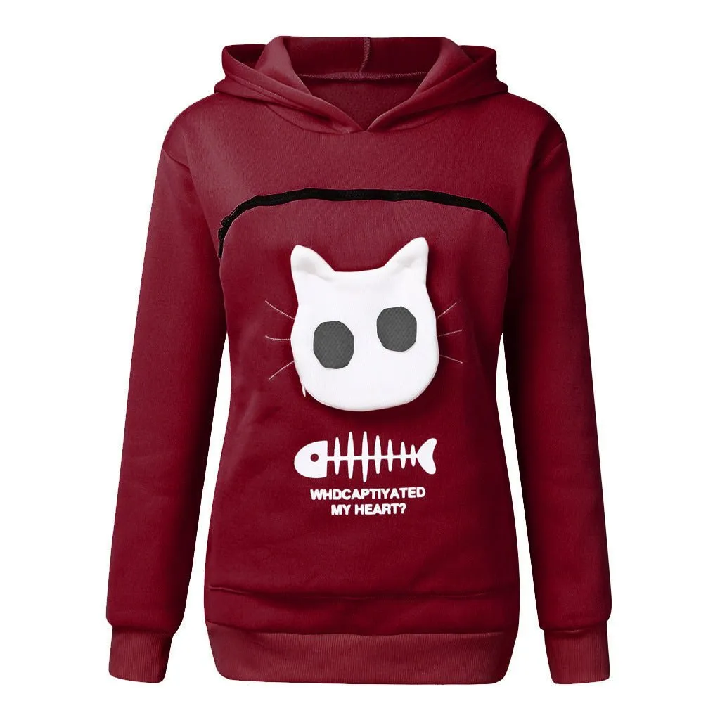 Women's Cat Pet Pocket Design Sweatshirt Long Sleeve Hoodies