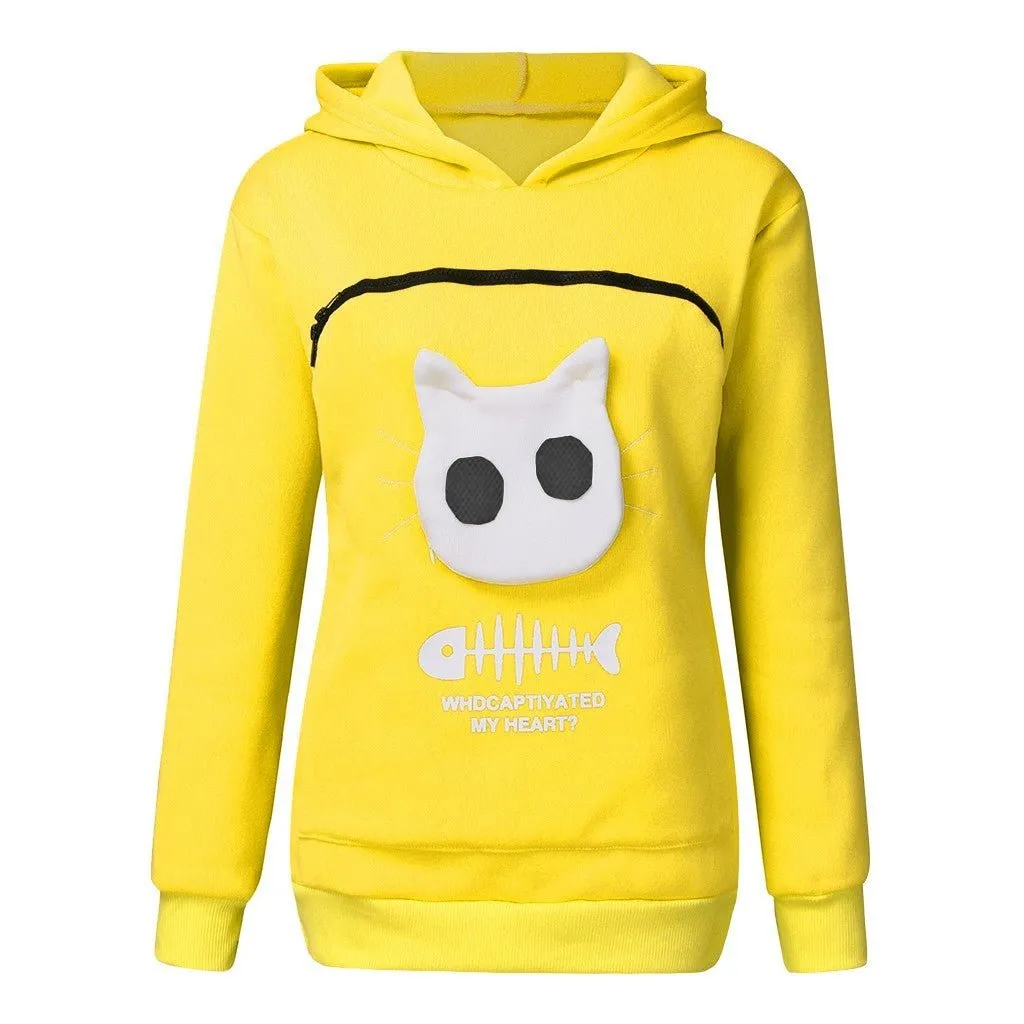 Women's Cat Pet Pocket Design Sweatshirt Long Sleeve Hoodies