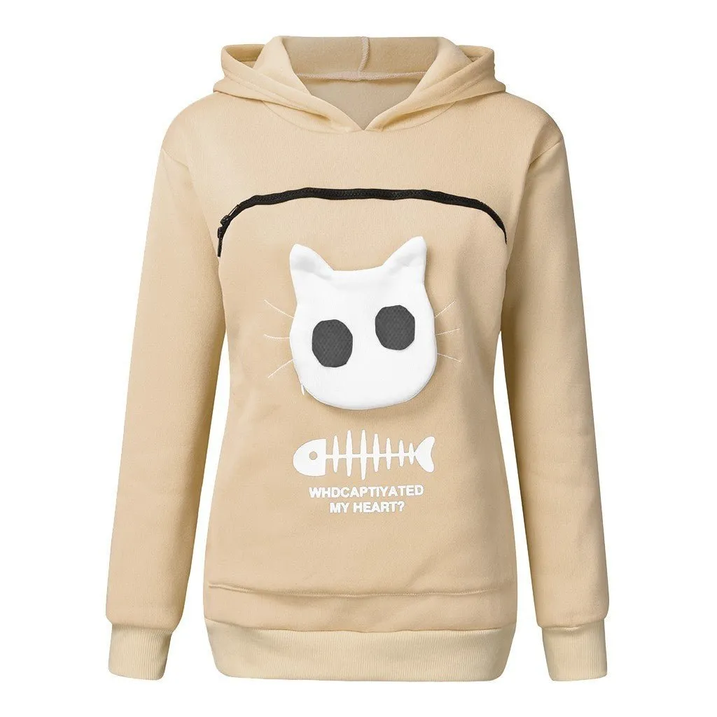 Women's Cat Pet Pocket Design Sweatshirt Long Sleeve Hoodies