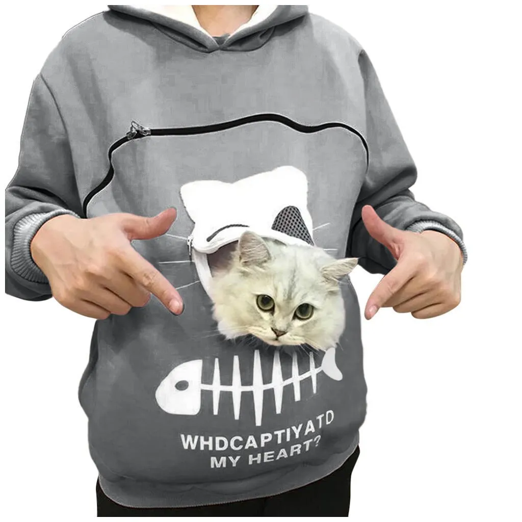 Women's Cat Pet Pocket Design Sweatshirt Long Sleeve Hoodies