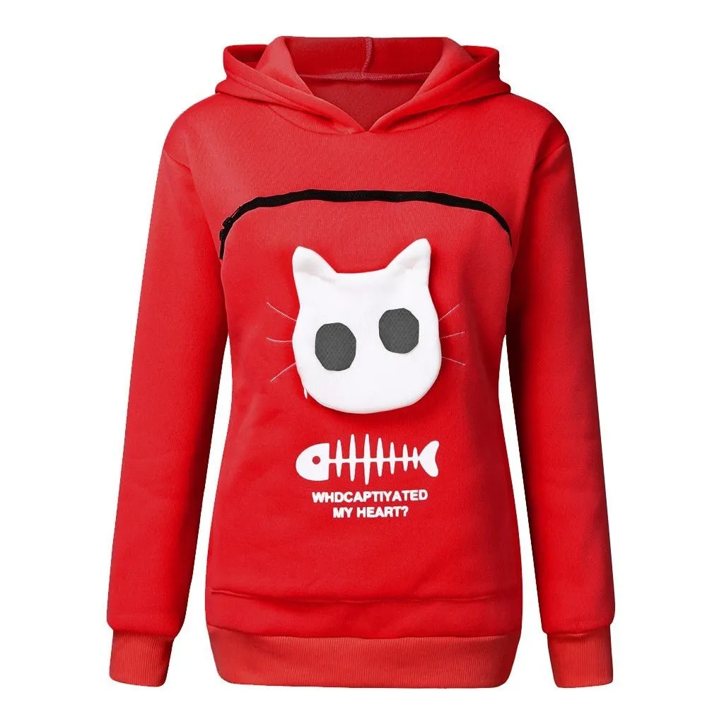 Women's Cat Pet Pocket Design Sweatshirt Long Sleeve Hoodies